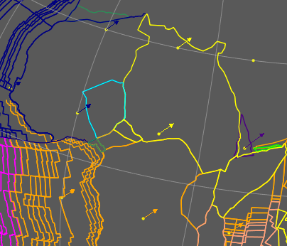 Screenshot showing calculated velocities at a set of global domain points. Note that velocities are only displayed where surface polygons overlap with the points.