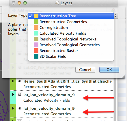 Creating a global velocity domain layer will automagically create a "ReconstructableFeature" layer (green) and a "Calculated Velocity Fields" layer (turquoise) - see arrows. Above, the different layer types are displayed from the drop-down menu.