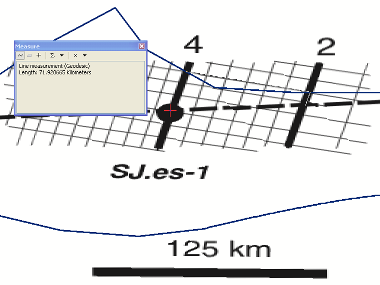  Seismic line spacing between SL4 and SL2 is about 70 km according to the georeferenced image. 