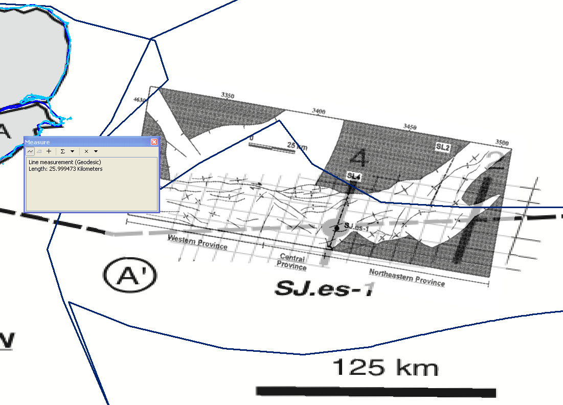  Scaled and rotated structural map (transparent, on top of overview map) with a best fit to the overview map. Note the mismatch not only in the way the lines are rotated (could be due to the different projections) but also the distance between the the two seismic lines in the overview map (more than 70 km) and in the structural map.