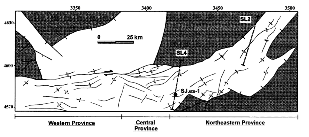  The structural map (modified from original). Seismic line spacing around 40-50km (not 70 km like in the overview map) and the lines are slightly rotated relative to each other and not parallel (like in the overview map).